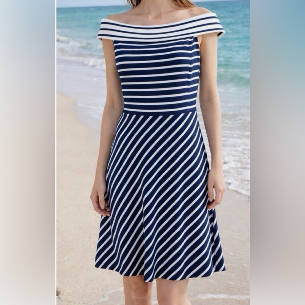 Vineyard Vines Navy and White Off Shoulder Striped Dress